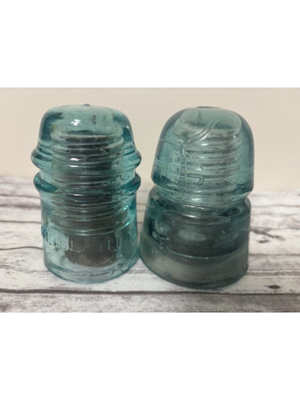 2 Antique Aqua Teal Glass Telegraph‎ Train Wire Insulators